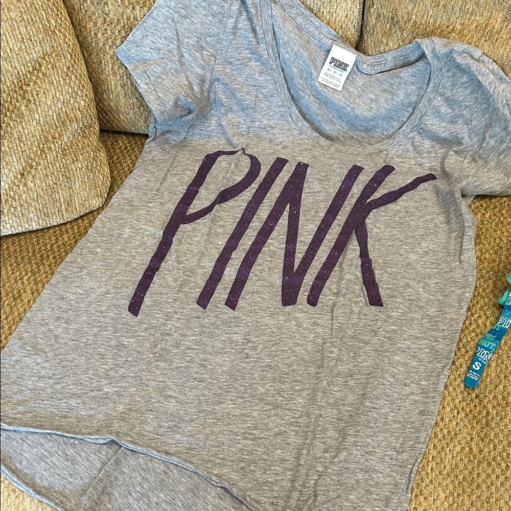 PINK Victoria's Secret Gray Tee with Purple Logo